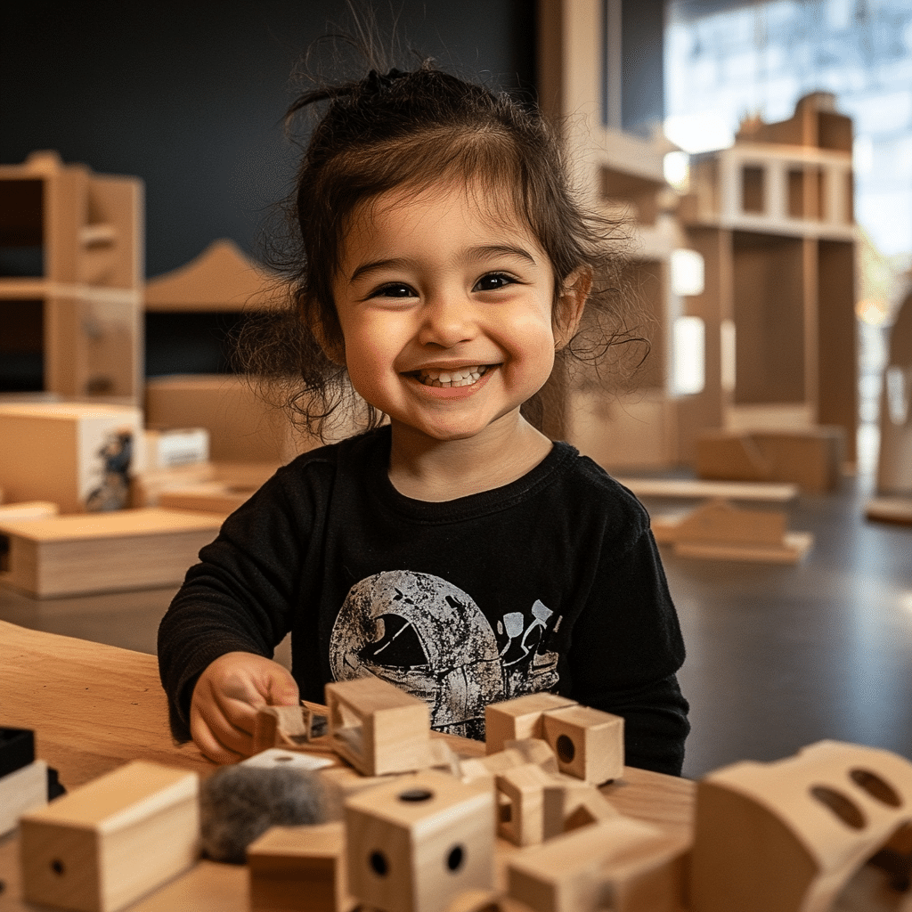 Three year old girl playing with blocks at an ECE Centre