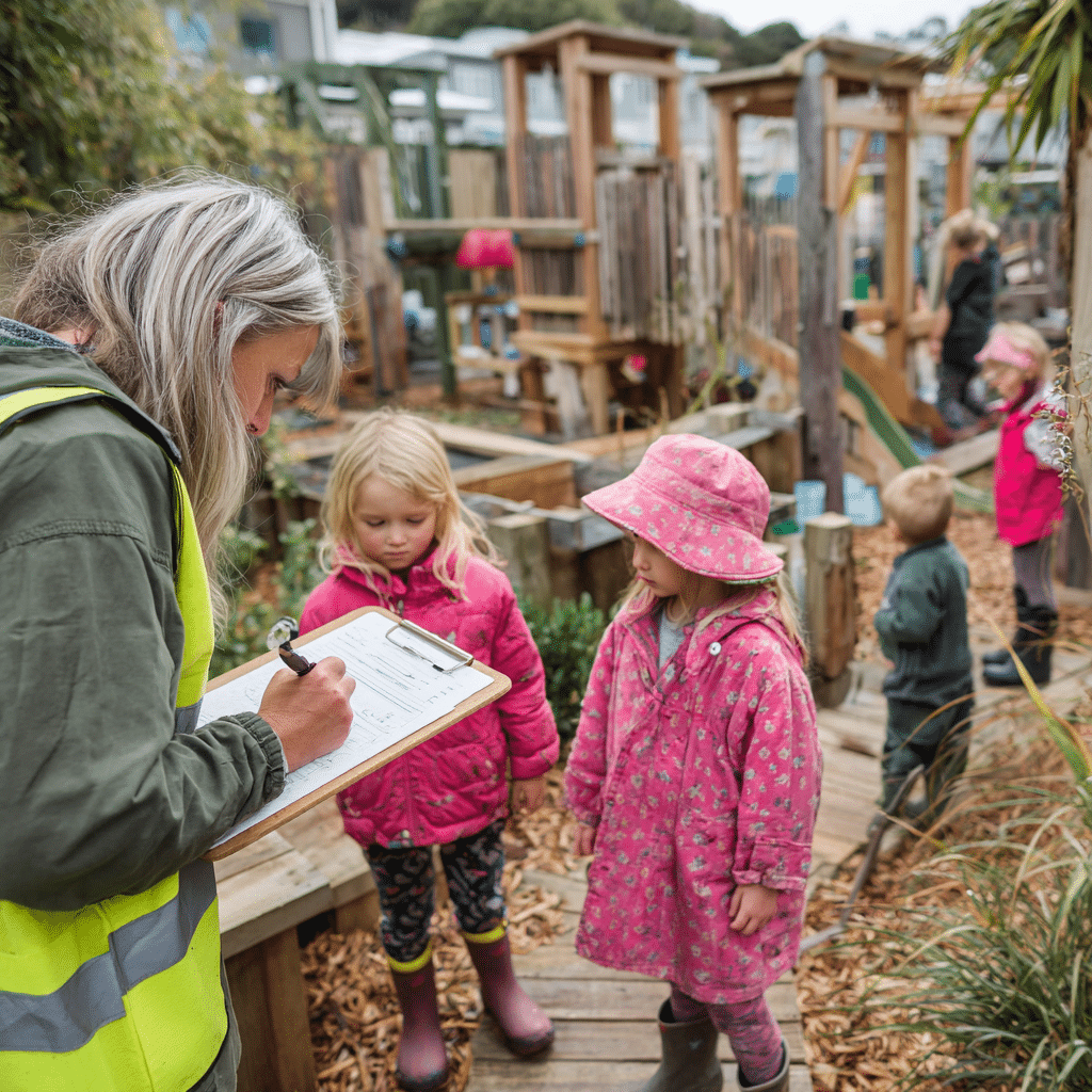Teacher completing incident report at New Zealand early childhood centre playground